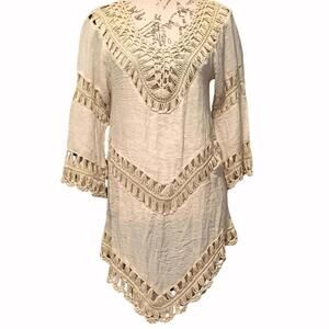 Womens Crochet Cream Tunic Medium Drop Waist Swim Suit Cover Boho Lagenlook 70s